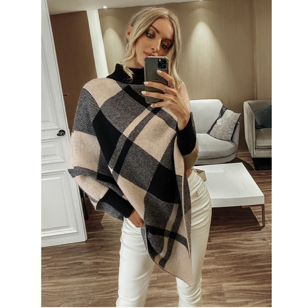 Plaid Poncho Style Sweater Turtleneck Beige Black - Picture 13 of 14